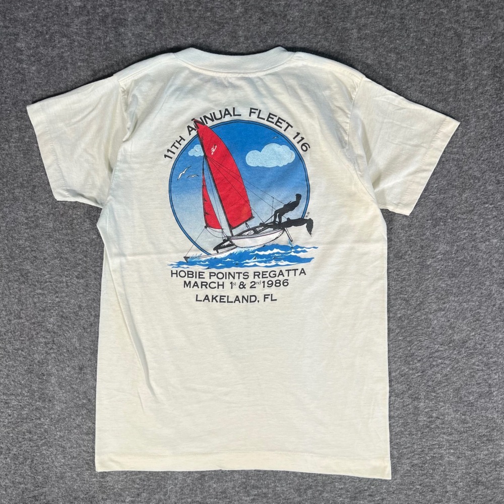Vintage 1986 Hobie Points Regatta Fleet 116 Sailing T-Shirt Cream Small 80s